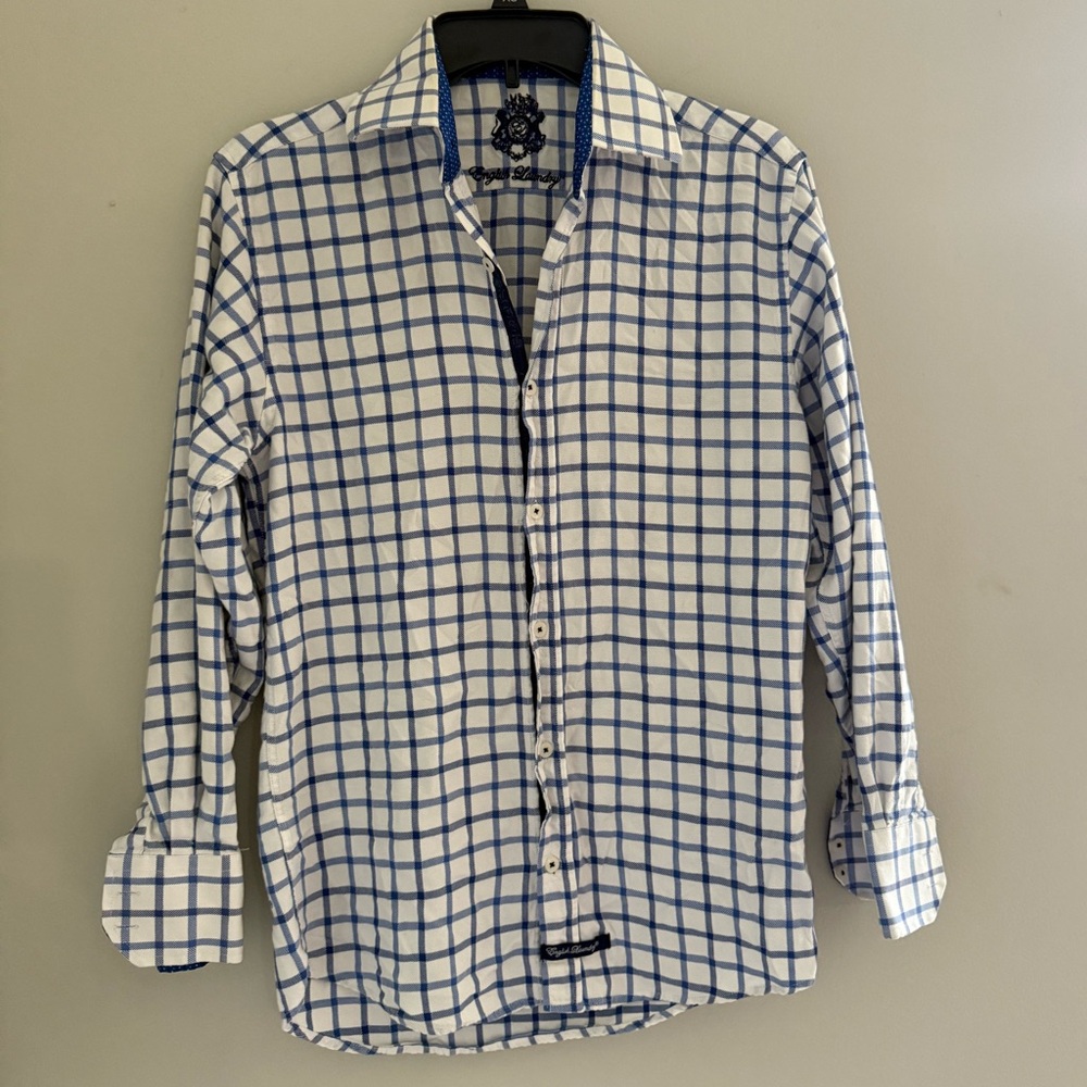 English Laundry White Shirt with Blue Windowpane Check